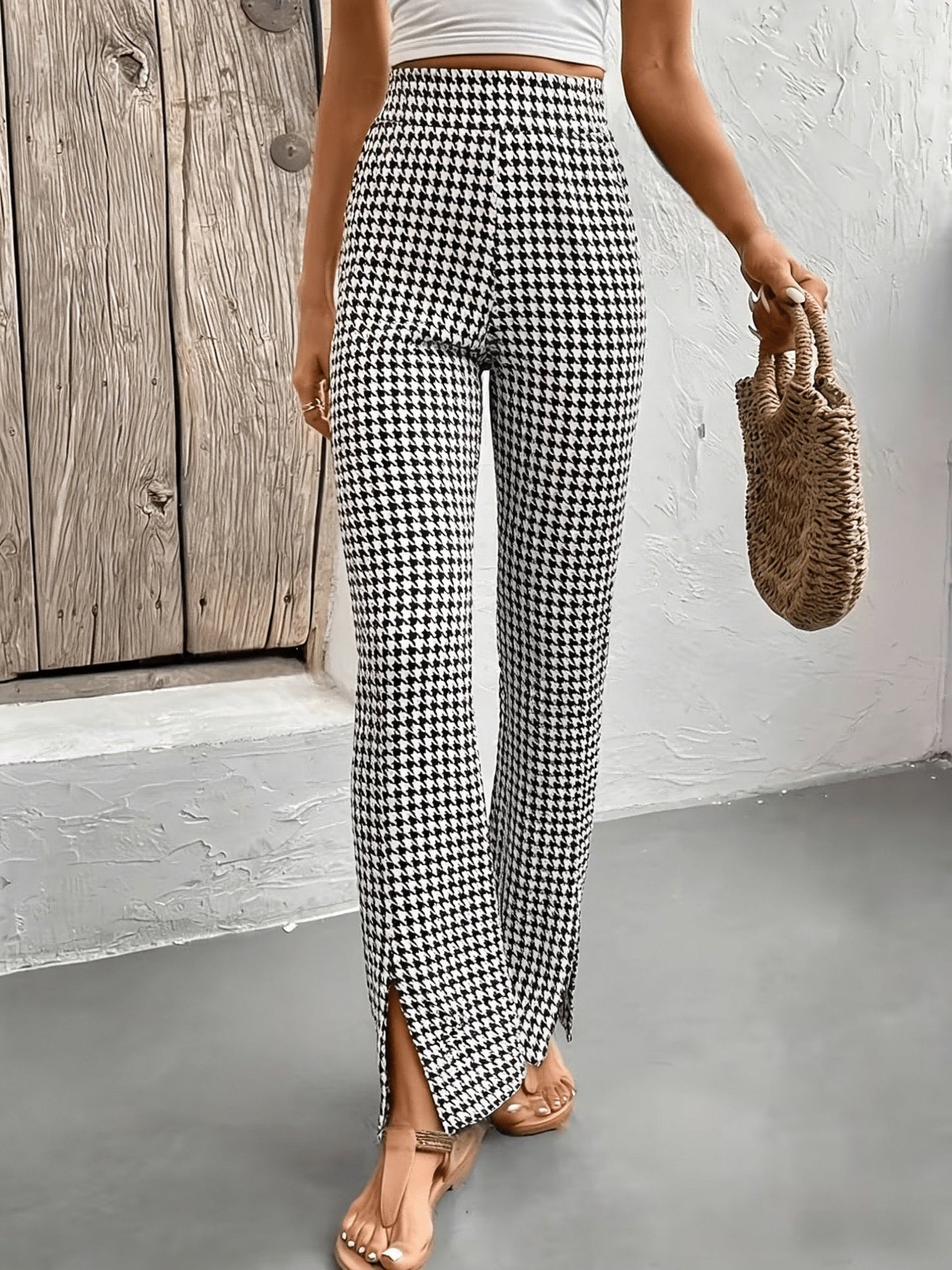 Damen Schlaghose mit Hahnentritt-Muster und Schlitz – Eleganter Freizeit-Look
