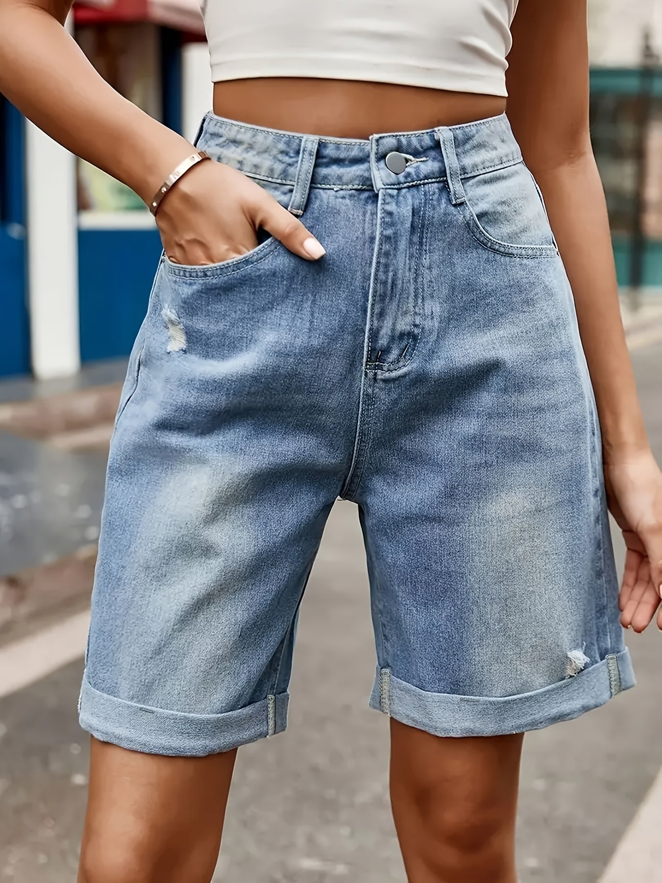 Damen Jeans-Bermuda Shorts im Casual Street Style – Hoher Bund, Used-Look, Sommermode