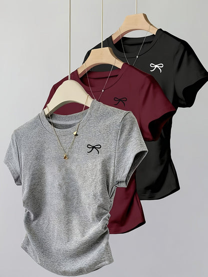 Damen Basic Kurzarm T-Shirt mit Schleifendetail – Feminines Freizeitshirt Slim Fit