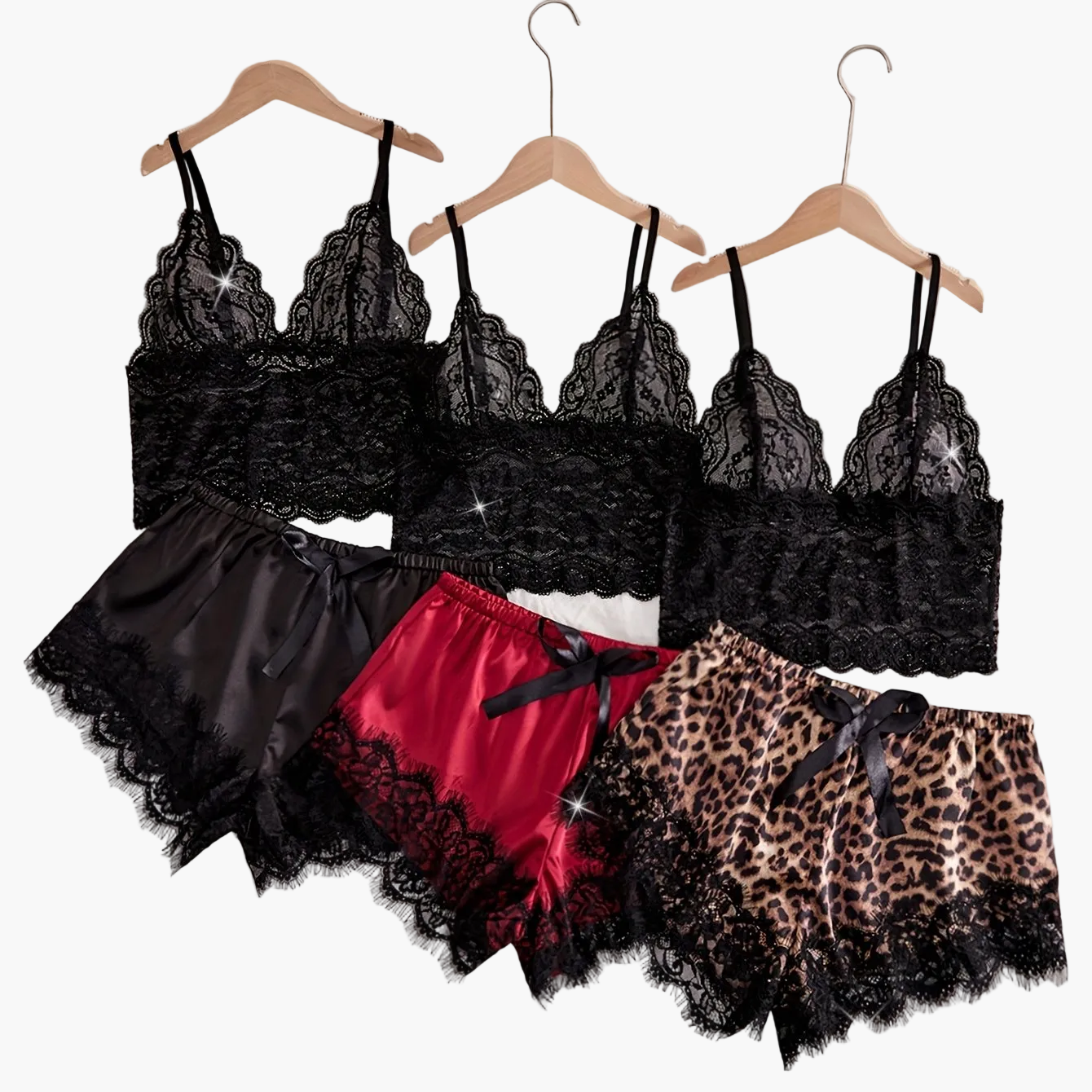 Damen Spitzen Pyjama Set 3-teilig – Elegantes Loungewear Set mit Bralette und Shorts für stilvolle Nächte