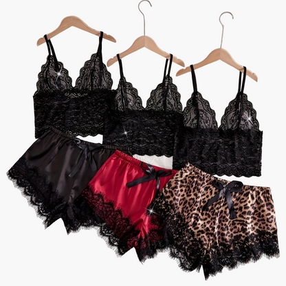 Damen Spitzen Pyjama Set 3-teilig – Elegantes Loungewear Set mit Bralette und Shorts für stilvolle Nächte
