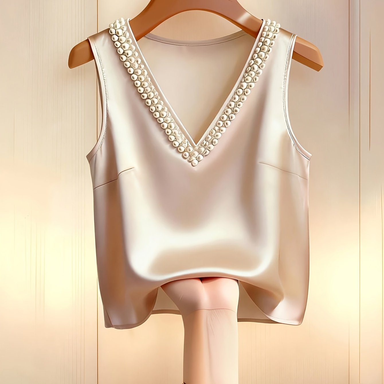 Damen Top ohne Ärmel mit V-Ausschnitt und Perlenbesatz – Elegantes Blusentop für festliche Anlässe
