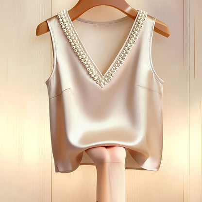Damen Top ohne Ärmel mit V-Ausschnitt und Perlenbesatz – Elegantes Blusentop für festliche Anlässe