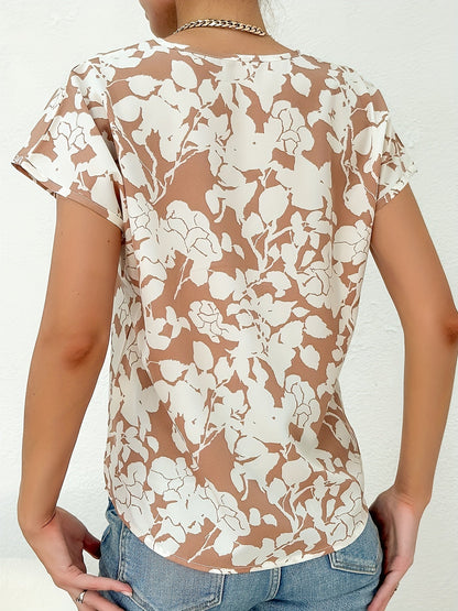 Damen Elegant Blusenshirt mit Blumenmuster und V-Ausschnitt – Perfekt für Büro & Freizeit