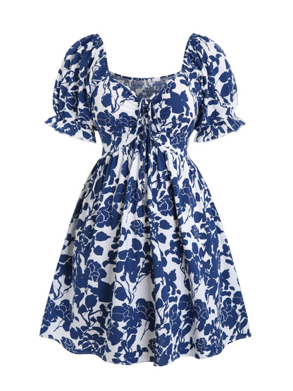 Damen Sommerkleid mit floralen Print und Puffärmeln – Elegantes Fit & Flare Freizeitkleid