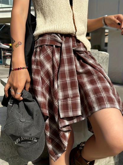 Damen Asymmetrischer Streetstyle-Rock mit Karo und Knotendetail – Urbaner Freizeitlook