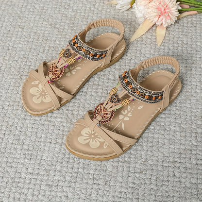 Damen Boho Sandalen mit Perlen und Ornamenten – Bequeme Sommerschuhe für Alltag & Urlaub