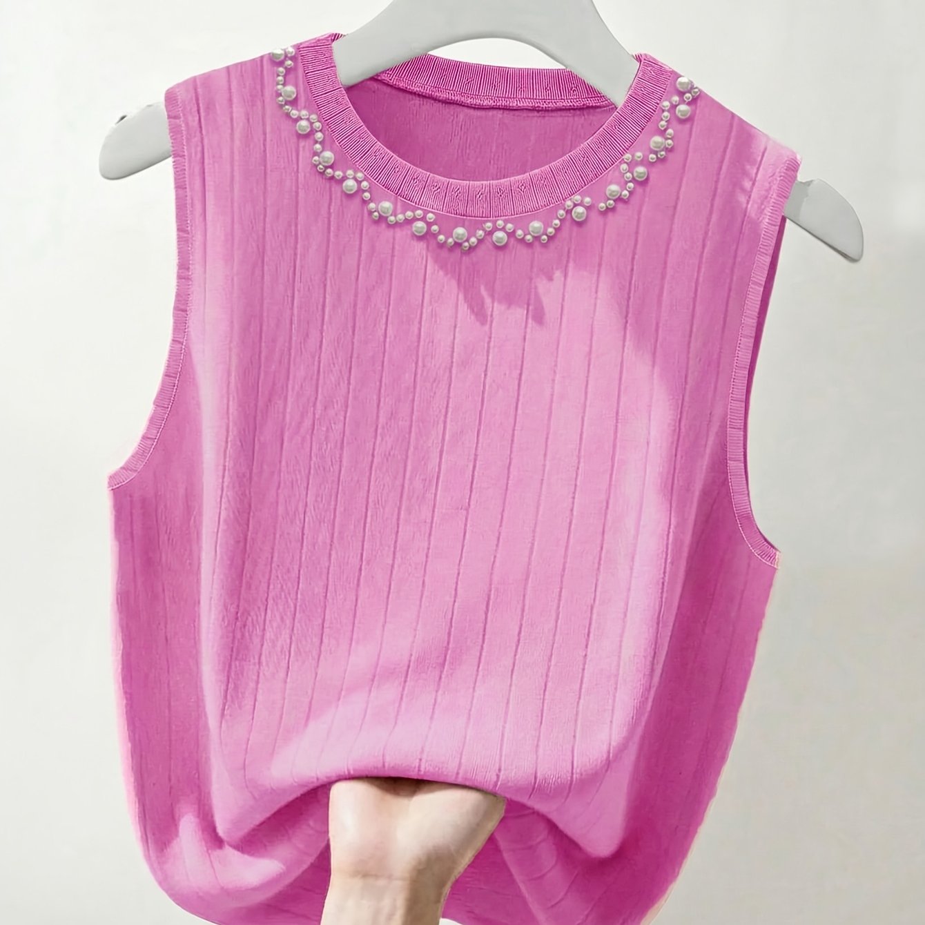 Damen Elegantes Stricktop mit Perlenbesatz, Ärmellos, Perfekt für Alltag und Büro