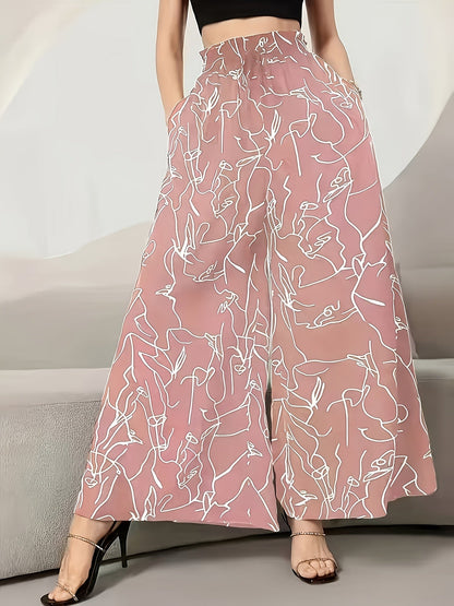 Damen Weite Palazzo-Hose mit Künstlerischem Linienmuster – Modische Statement-Hose für Freizeit und Ausgehen