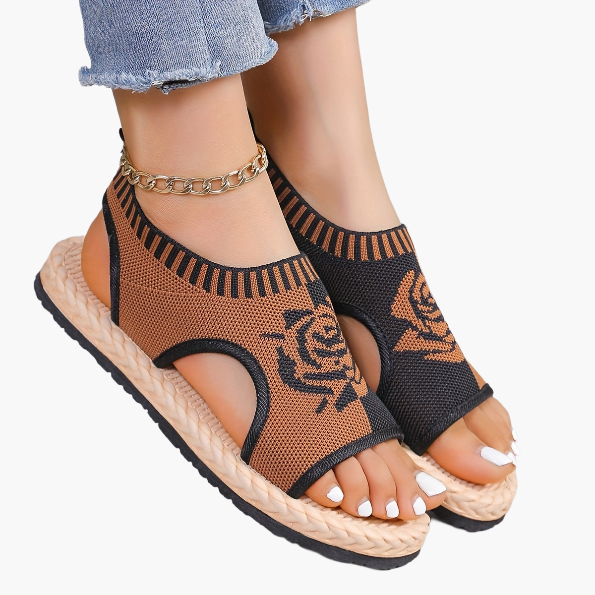 Damen Freizeit Sandalen mit Blumenmuster – Bequeme Sommerschuhe im modernen Strick-Look