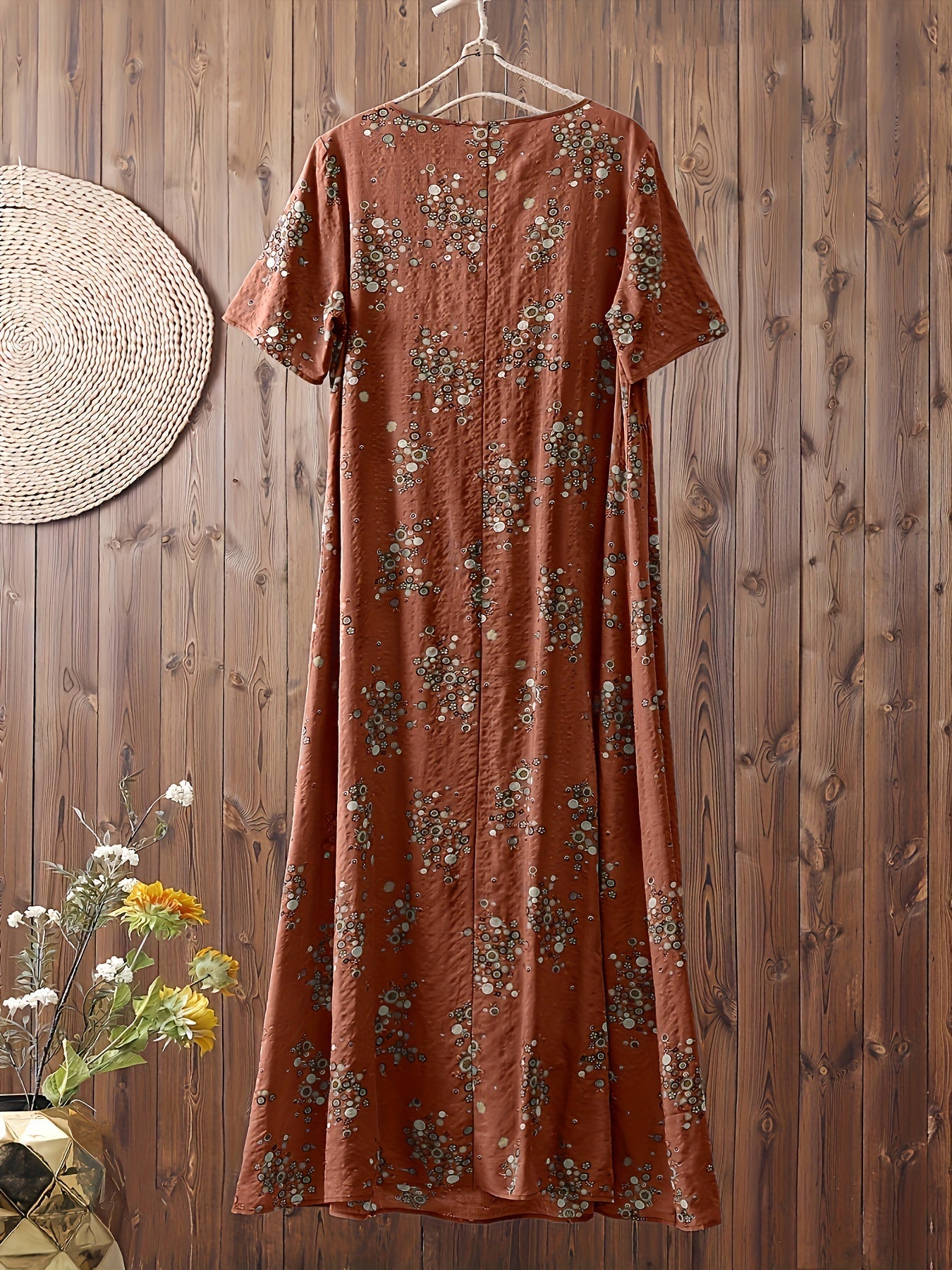 Damen Maxikleid Boho-Stil Vintage Tunika Sommerkleid mit Blumenmuster