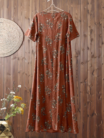 Damen Maxikleid Boho-Stil Vintage Tunika Sommerkleid mit Blumenmuster