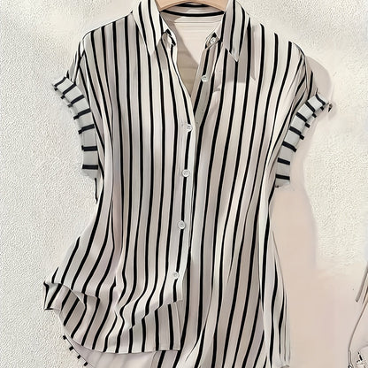 Damen Blusenshirt mit vertikalem Streifenmuster und Knopfleiste – Eleganter Sommer-Look für Büro & Freizeit