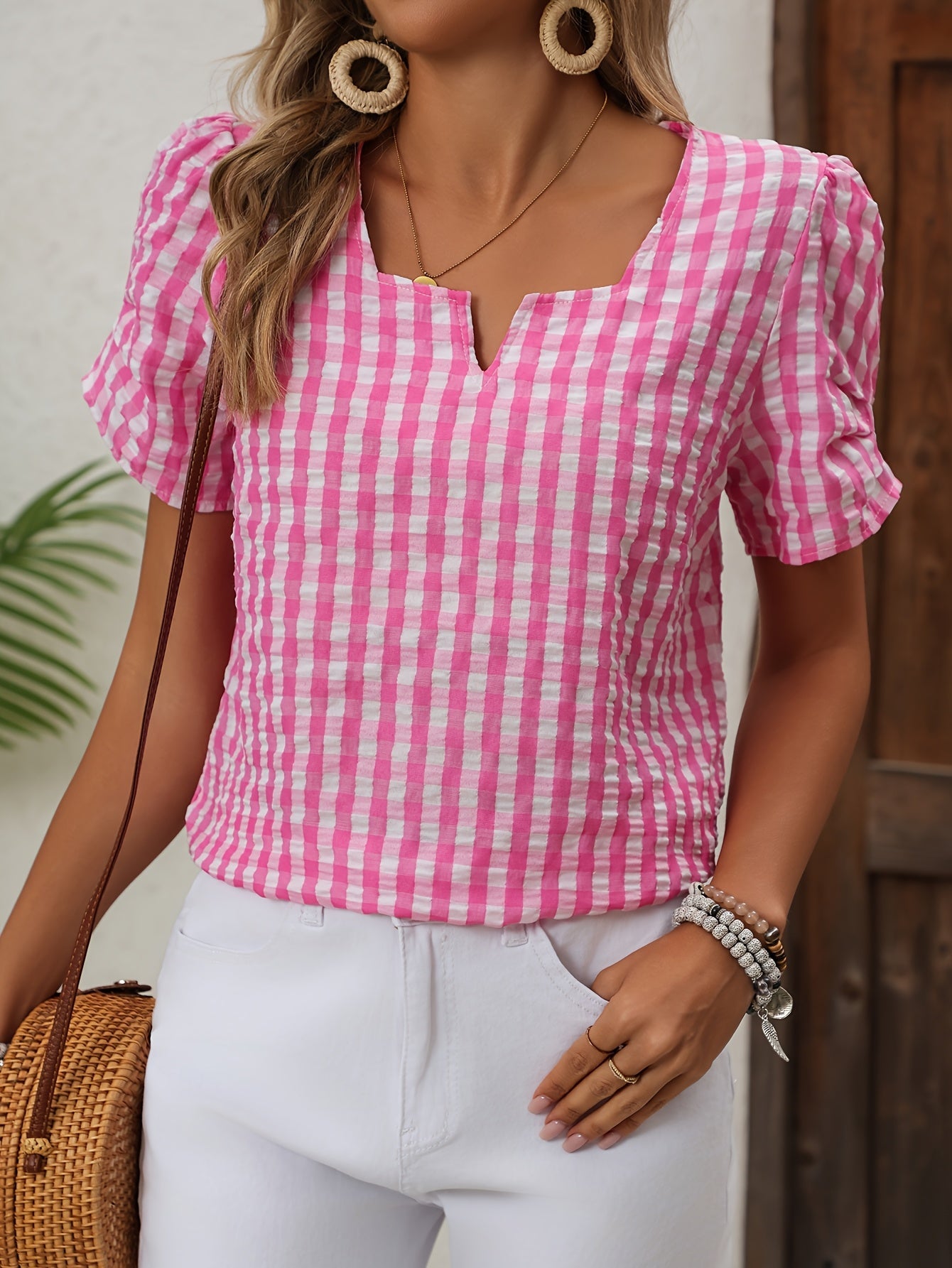 Damen Sommer Bluse im Karomuster – Eleganter Freizeitstil für Alltag und Urlaub