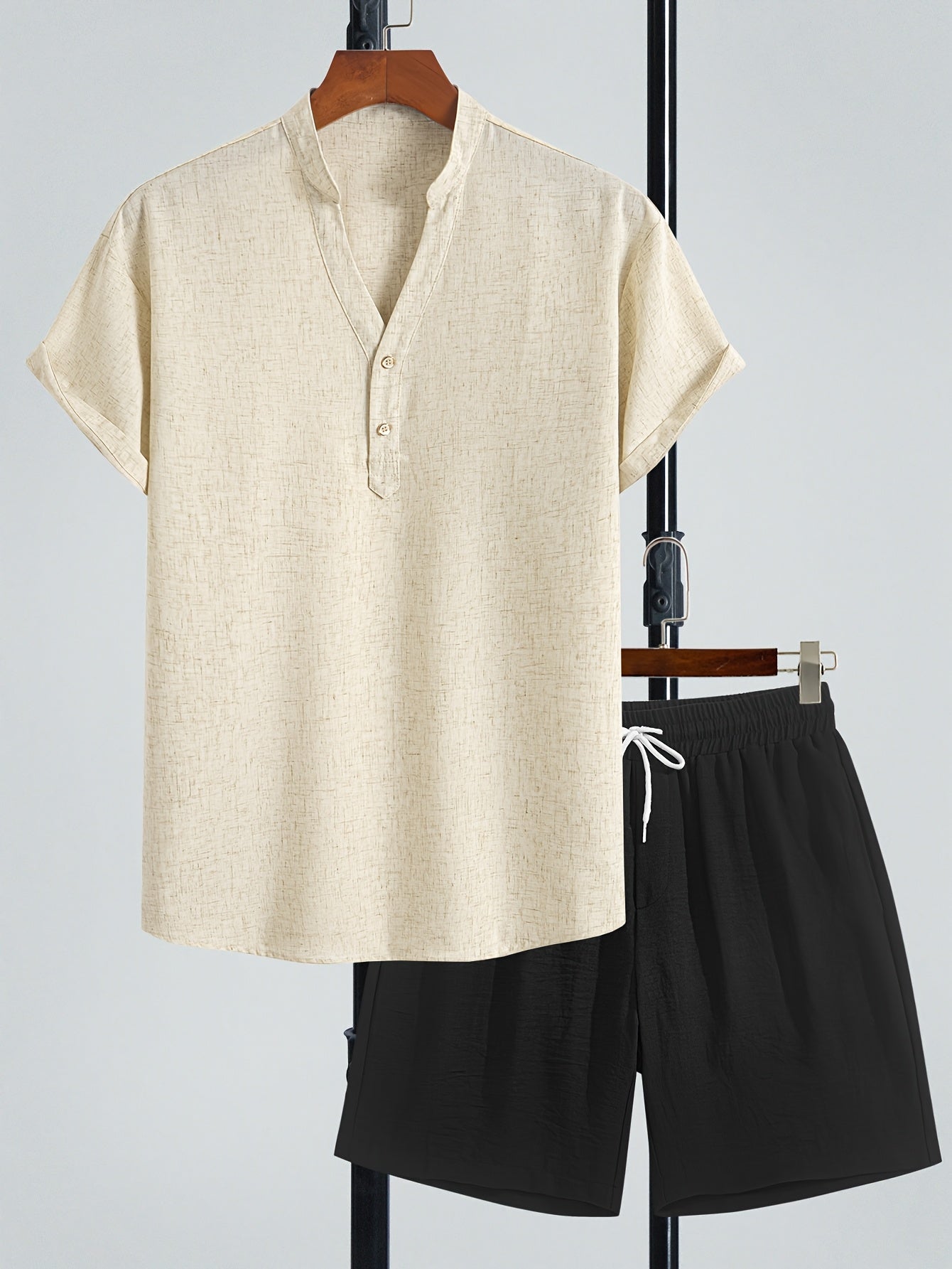 Herren Zweiteiliges Freizeitset mit Henley-Shirt und Shorts – Moderner Look für Alltag und Urlaub