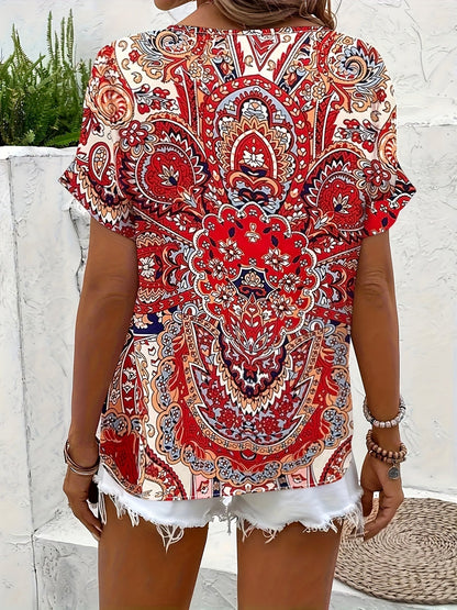 Damen Elegante Kurzarm-Bluse mit Modernem Print – Perfekt für Freizeit und Alltag