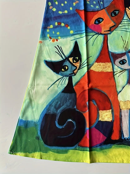 Damen Kleid mit Katzen und Sonne – Künstlerisches Vintage Freizeitkleid, ärmellos, locker, für Frühling und Sommer