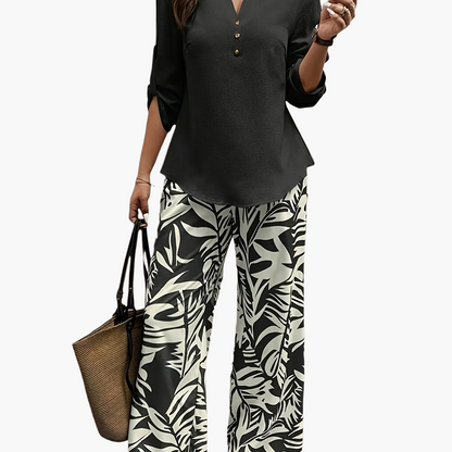 Damen Elegante Sommerhose mit Tropenmuster und Bluse – Perfekt für Freizeit & Urlaub
