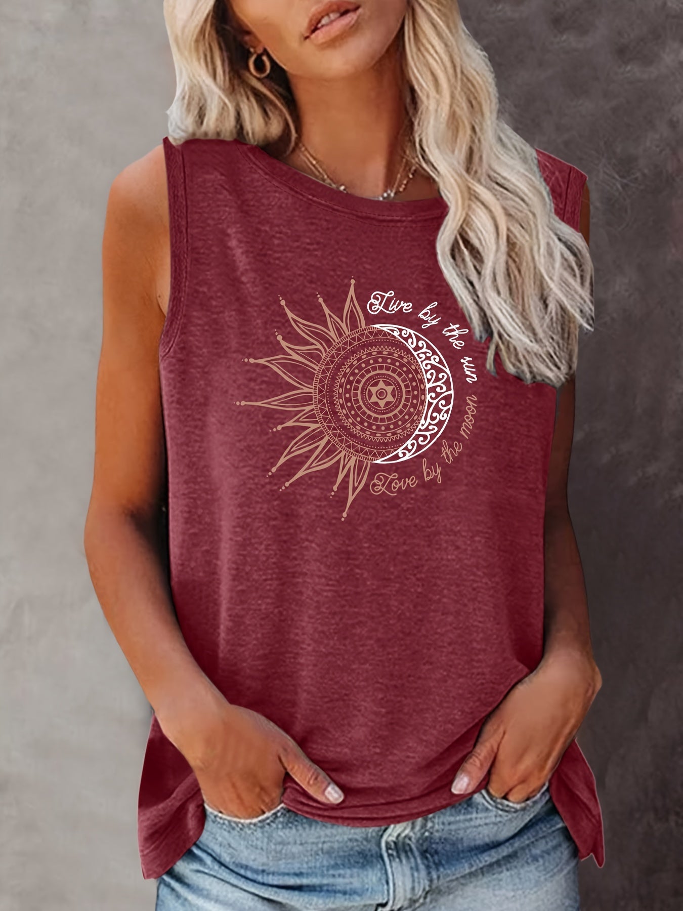 Damen Tanktop mit Boho Sonne-Mond Print – Lässiges Sommer-Shirt im Ethno-Stil
