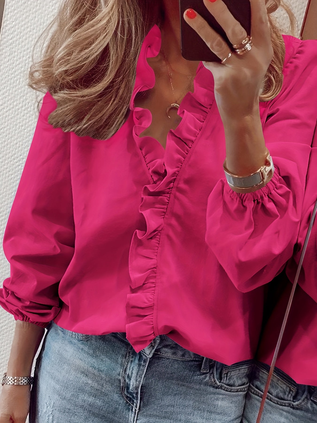 Damen Rüschenbluse Elegant Freizeit-Look V-Ausschnitt