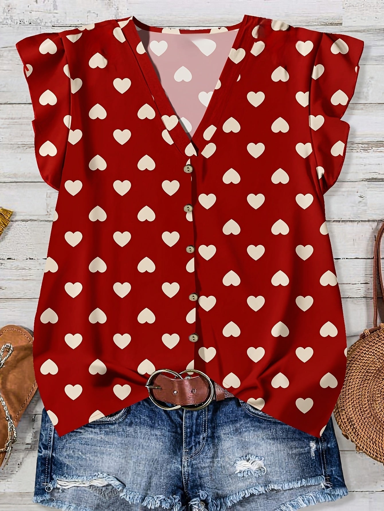 Damen Sommerbluse mit Herzmuster, Casual V-Ausschnitt, Knopfleiste, Ideal für Freizeit und Alltag
