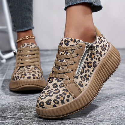 Damen Plateau-Sneaker mit Leopardenmuster und Reißverschluss – Modische Freizeitschuhe für Alltag und Ausgehen