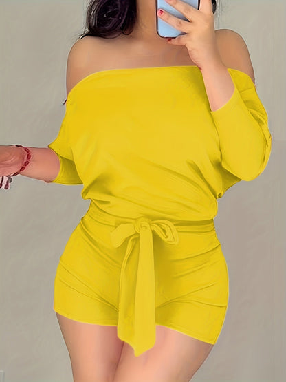 Damen Off-Shoulder Jumpsuit Freizeit Sommer Einteiler mit Gürtel