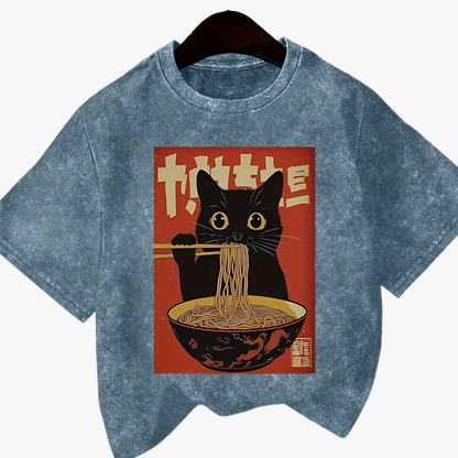 Damen Vintage T-Shirt mit Katzen- und Ramen-Print – Lustiges Streetwear Shirt für Alltag & Freizeit