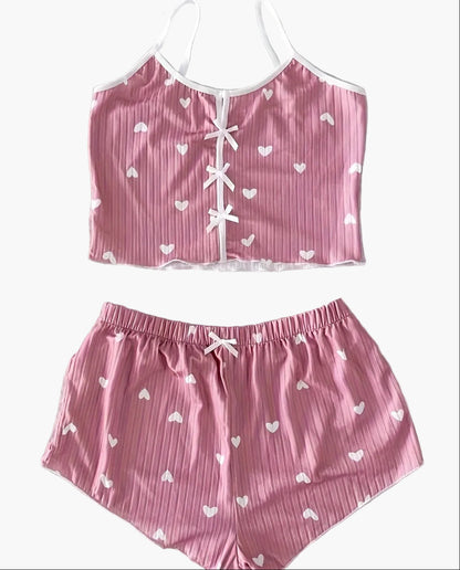 Damen Pyjama Set mit Herzchen-Muster und Schleifen – Zweiteiliger Schlafanzug, bequem & süß, ideal für Sommer