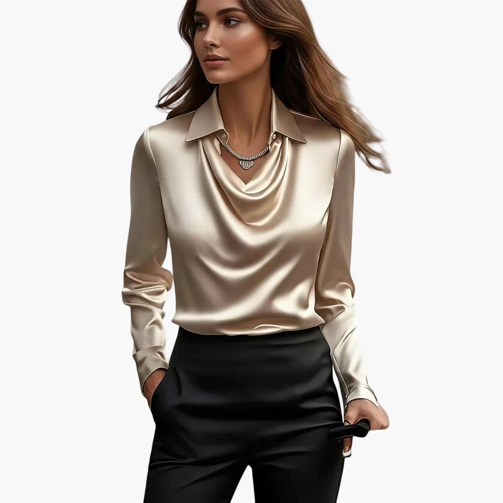 Damen Satinbluse mit Wasserfallausschnitt – Eleganter Business- & Freizeitstil