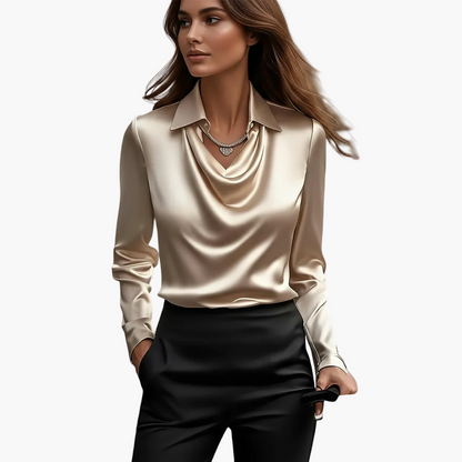 Damen Satinbluse mit Wasserfallausschnitt – Eleganter Business- & Freizeitstil