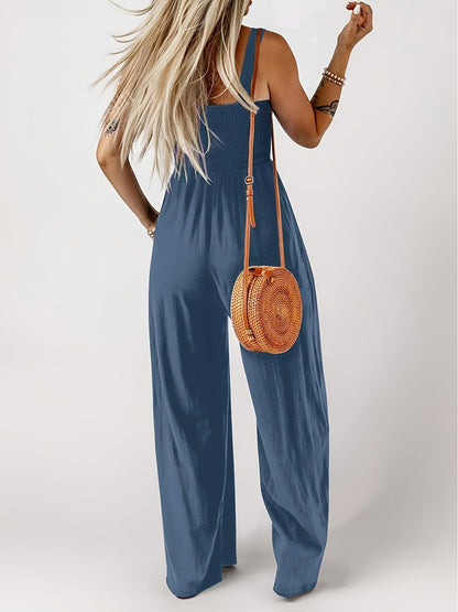 Damen Jumpsuit Elegant mit weitem Bein und Smok-Top, Sommer Overall für Freizeit & Urlaub