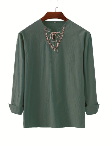 Herren Vintage Tunika mit Schnürung und geometrischer Stickerei – Freizeit & Alltag