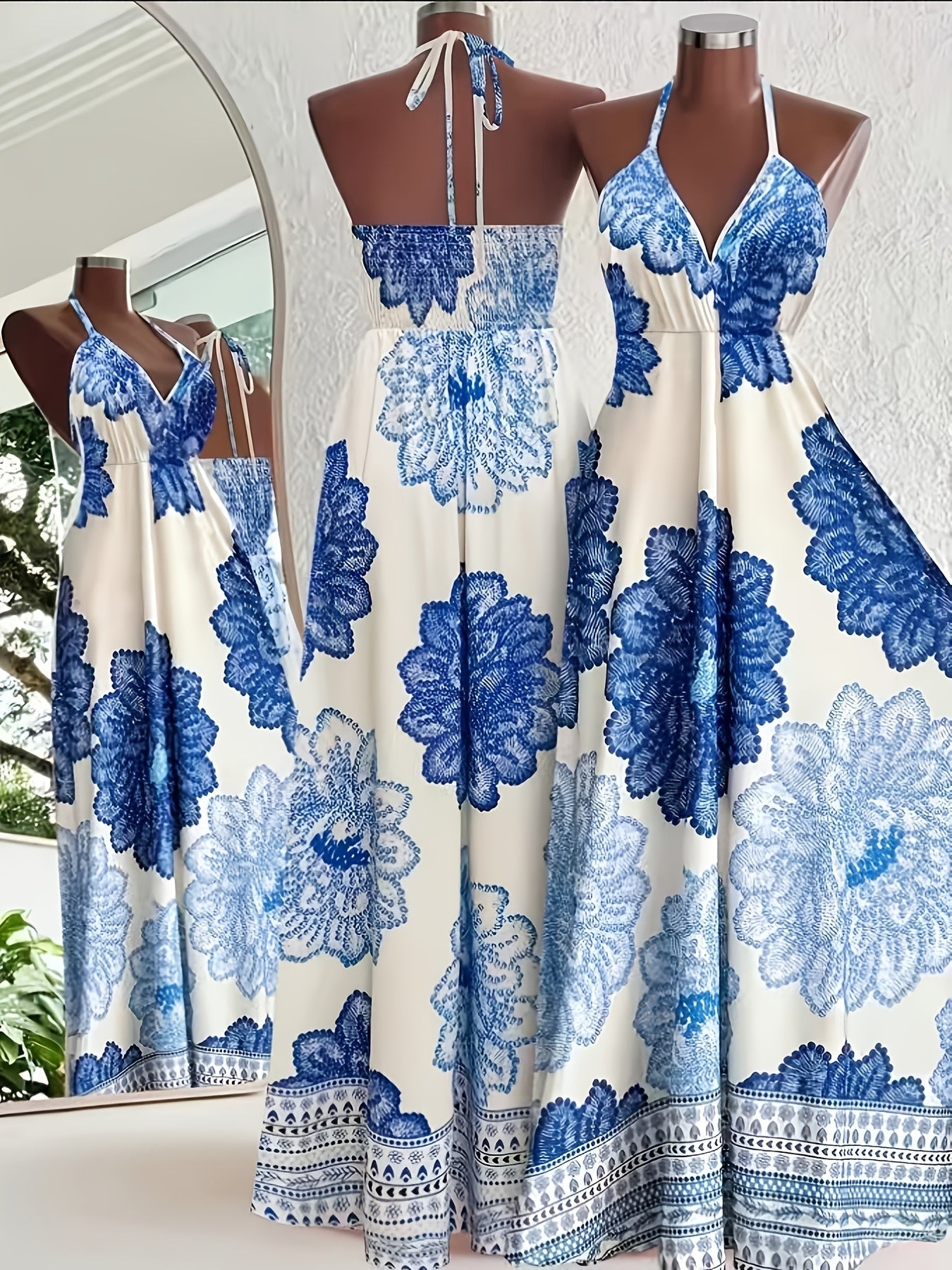 Damen Maxikleid mit Halterneck und Boho-Blumenprint – Elegantes Sommerkleid für Urlaub und Freizeit
