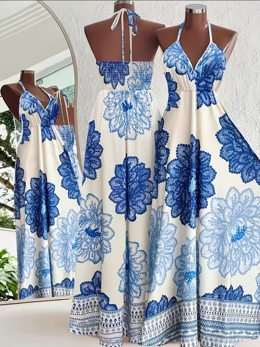 Damen Maxikleid mit Halterneck und Boho-Blumenprint – Elegantes Sommerkleid für Urlaub und Freizeit