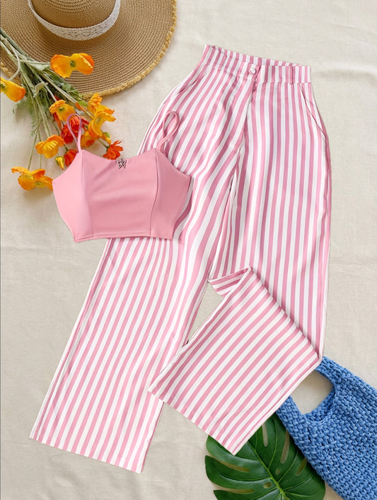 Damen Zweiteiler Set – Elegante gestreifte Hose mit Bustier Top, Modernes Outfit für besondere Anlässe