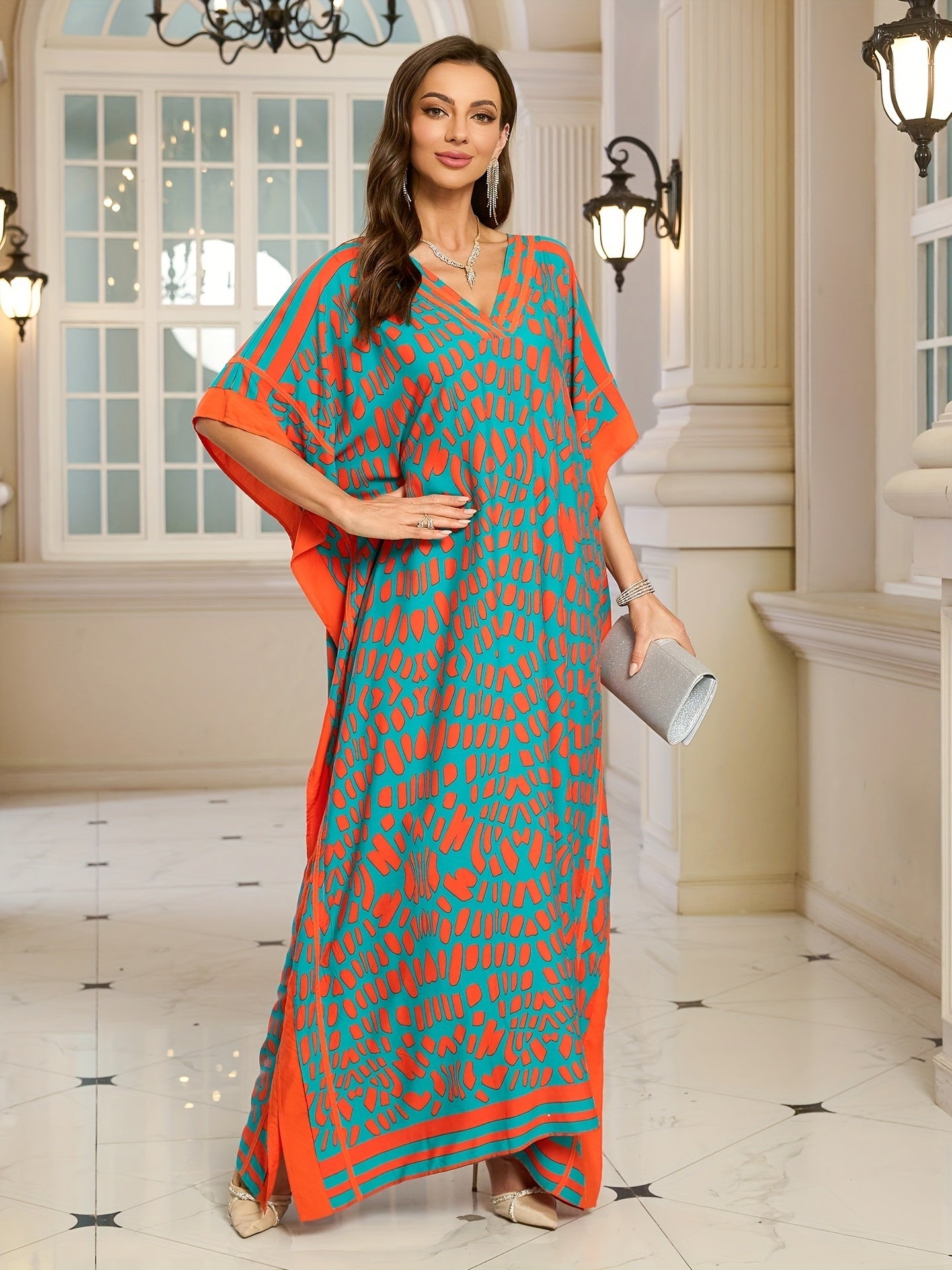 Damen Boho Maxikleid mit Kaftan-Schnitt und V-Ausschnitt – Elegantes Freizeitkleid für Sommer und Urlaub