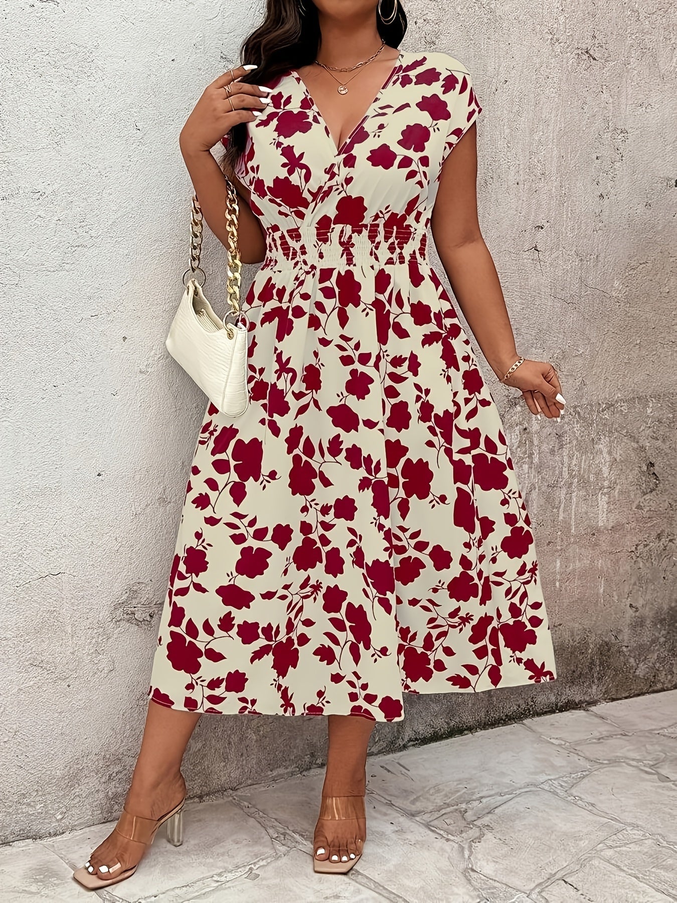 Damen Elegantes Wickelkleid mit Blumenmuster, Freizeit Midi-Kleid für Frühling und Sommer
