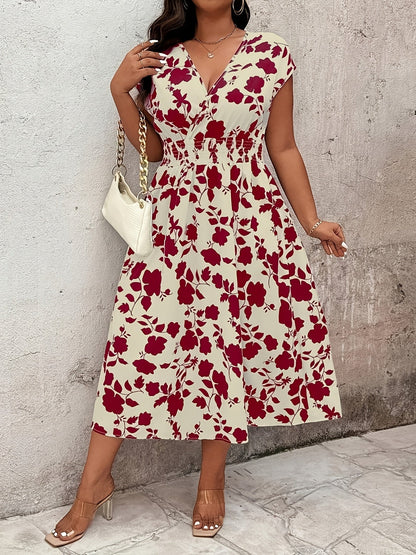 Damen Elegantes Wickelkleid mit Blumenmuster, Freizeit Midi-Kleid für Frühling und Sommer
