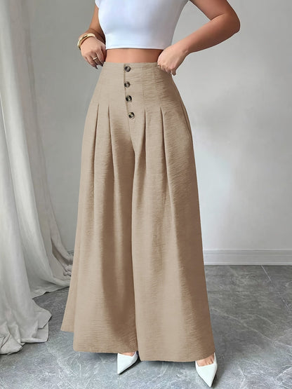Damen Weite High-Waist-Hose mit Knopfdetails und Eleganten Falten – Modische Business & Freizeit Wide Leg Pants