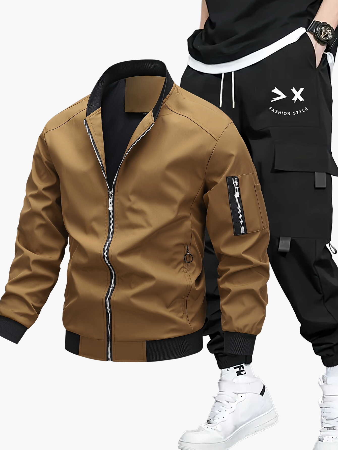 Herren Streetwear Trainingsanzug Set – Bomberjacke & Cargohose, Urban Freizeitlook