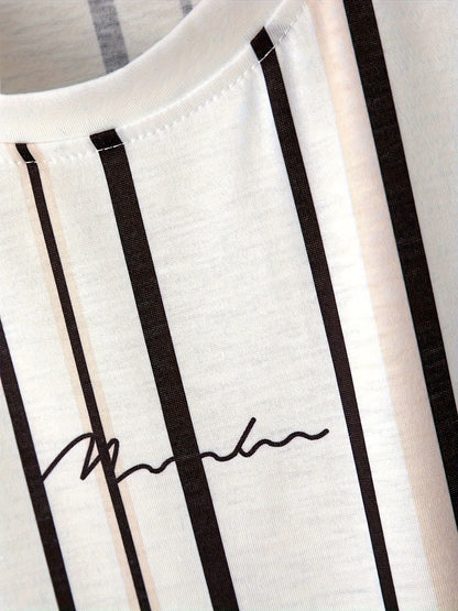Herren T-Shirt mit vertikalem Streifenmuster und modernem Grafik-Print – Freizeit & Streetstyle