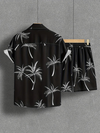 Herren Set Kurzarm Hemd und Shorts mit Palmenmuster – Lässiges Urlaubsoutfit