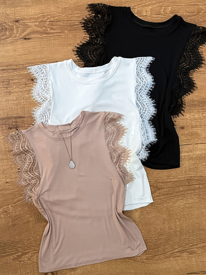 Damen Spitzen-Top mit verspieltem Ärmel-Design – Elegantes Freizeitshirt für Alltag und besondere Anlässe