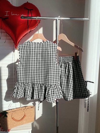 Damen Zweiteiliges Set mit Streifen, Schleifen und Volant – Elegantes Sommer Outfit