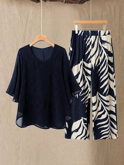 Damen Zweiteiler Set Elegant – Weite Hose mit Tropenmuster und Fließende Bluse, Perfekt für Urlaub und Sommer