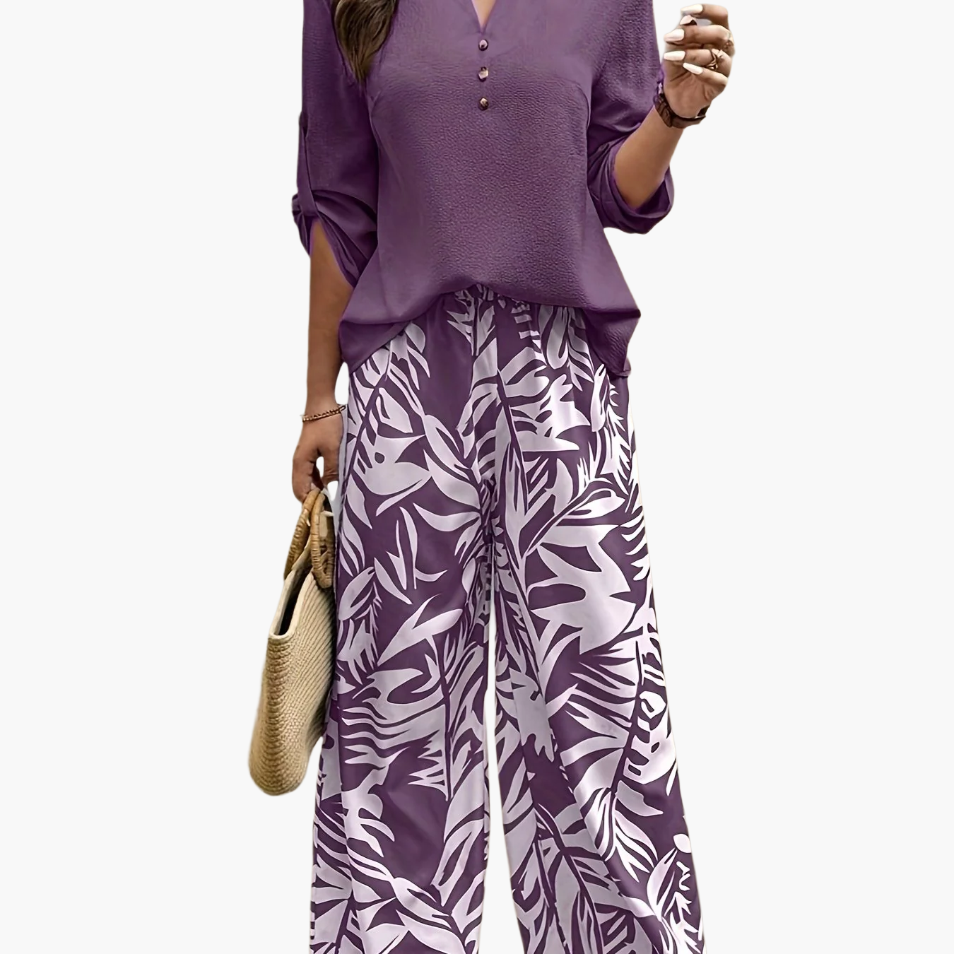 Damen Elegante Sommerhose mit Tropenmuster und Bluse – Perfekt für Freizeit & Urlaub