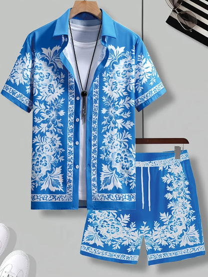 Herren Sommer Kurzarm Freizeit Set mit Blumenmuster – Zweiteiliges Hemd und Shorts, Perfekt für Urlaub & Strand