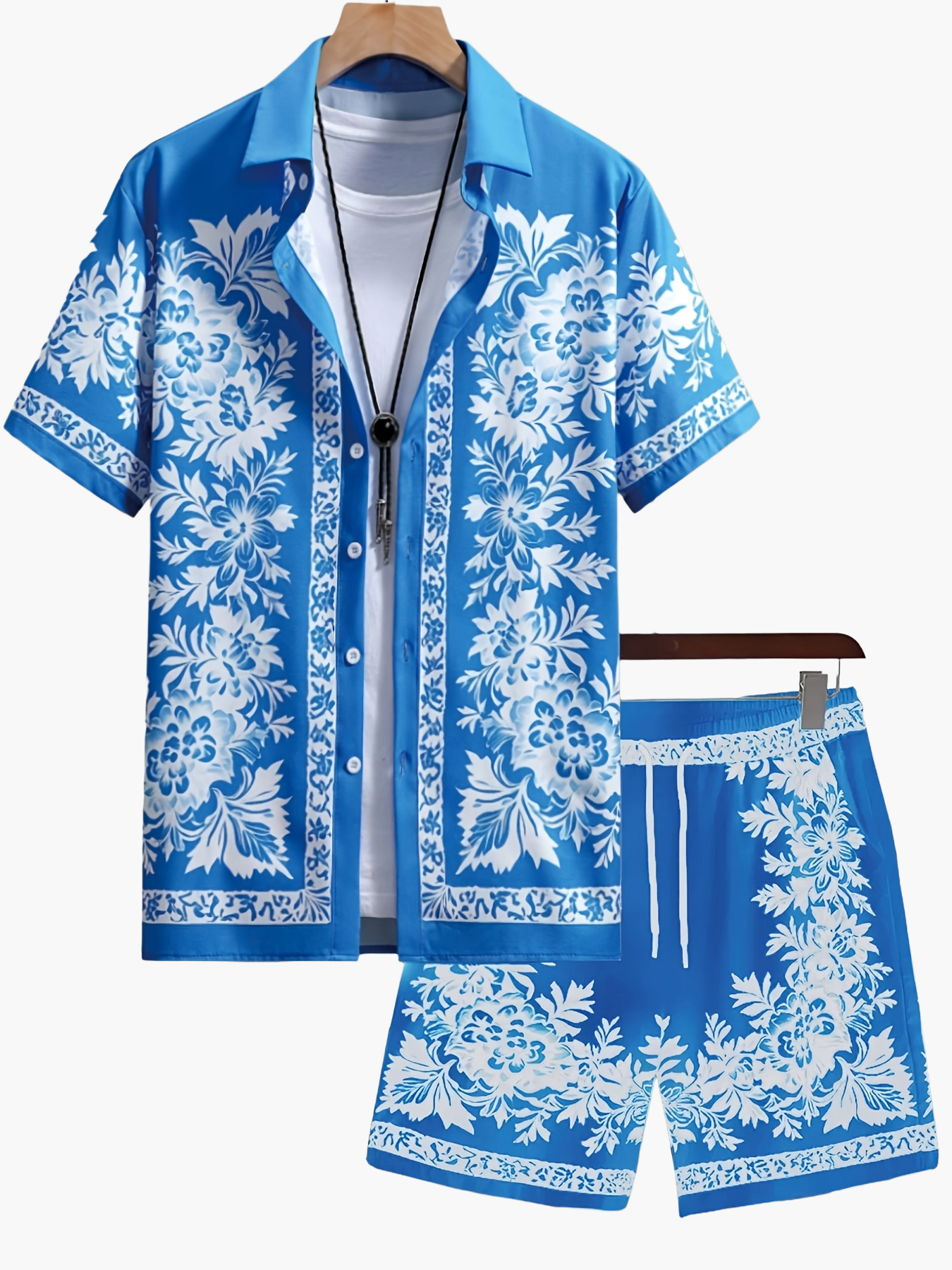 Herren Sommer Kurzarm Freizeit Set mit Blumenmuster – Zweiteiliges Hemd und Shorts, Perfekt für Urlaub & Strand