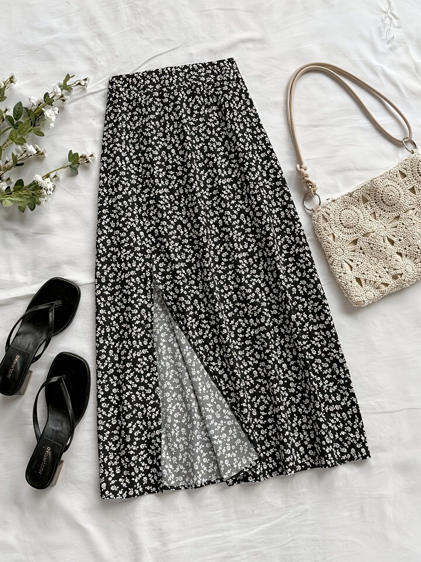 Damen Midi-Rock mit Blumenmuster und Schlitz – Eleganter Freizeitrock für Alltag & Ausgehen